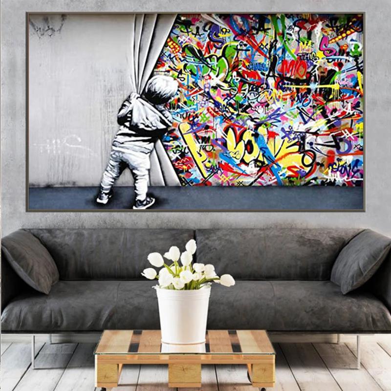 Изображение товара: Уличное искусство Бэнкси Граффити настенное искусство за занавеской картины на холсте картины настенные картины для домашнего декора (без рамки)