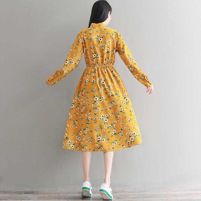 Изображение товара: Женское вельветовое платье с длинным рукавом, Повседневное платье с высокой эластичной талией и цветочным принтом, женское платье, осень 2020