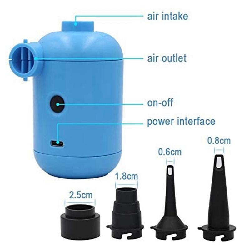 Изображение товара: USB Электрический портативный воздушный насос, мини воздушный насос с 4 насадками, насосы для надувных матрасов для бассейна.