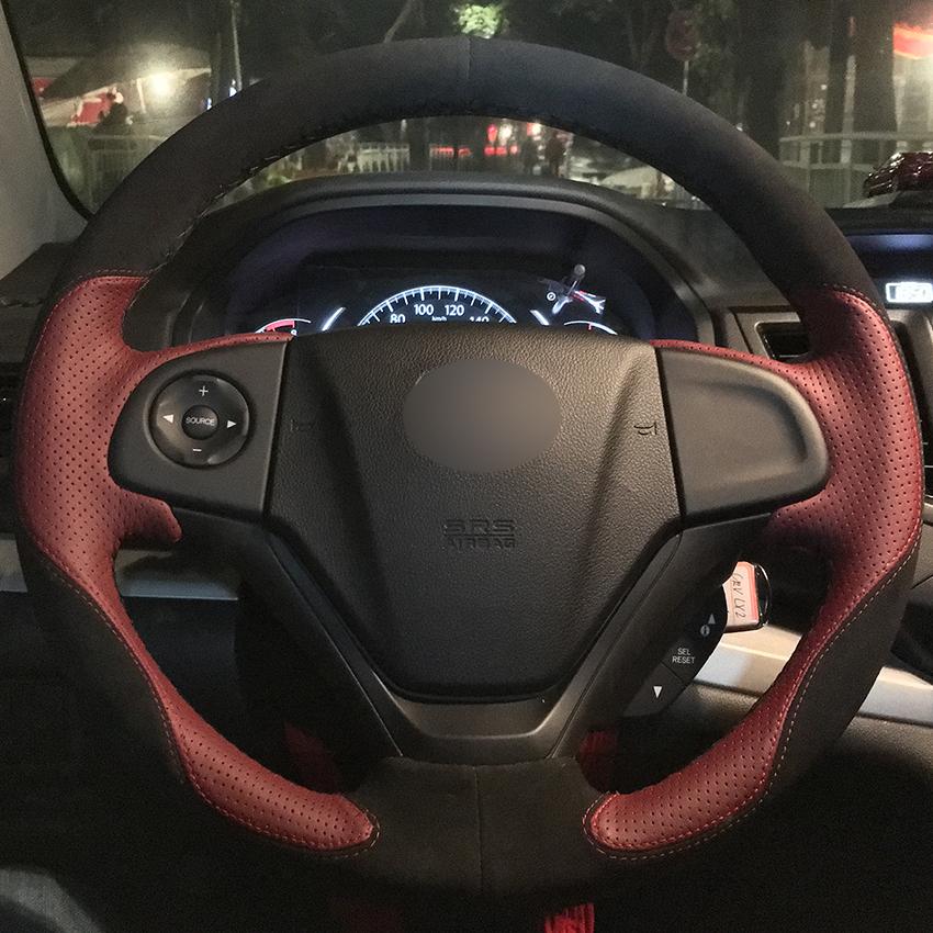 Изображение товара: Прошитая вручную черная замша винно-красная кожа Противоскользящий чехол рулевого колеса автомобиля для Honda CR-V CRV 2012-2016