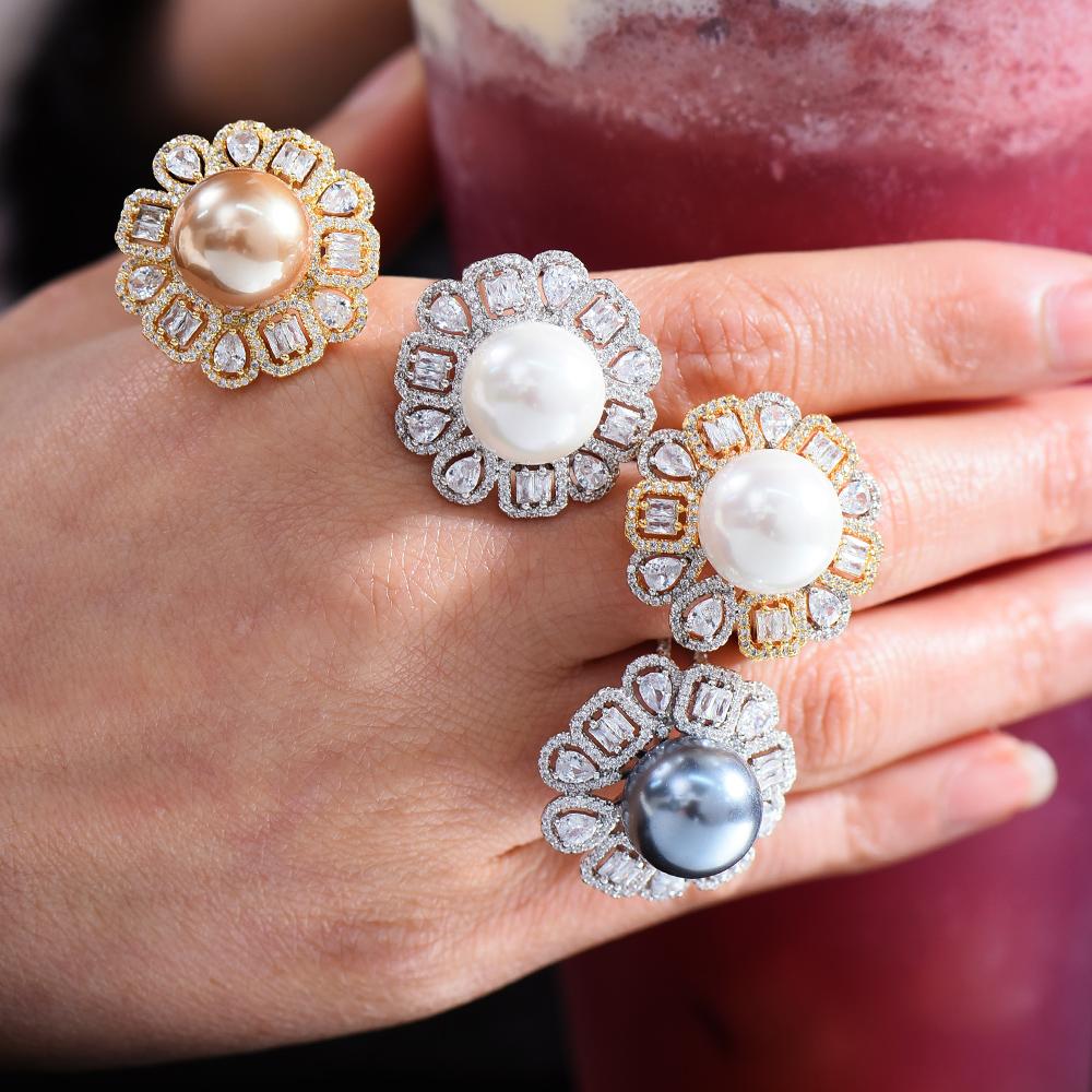 Изображение товара: GODKI новые трендовые жемчужные массивные кольца для женщин Свадебные кубические циркониевые коктейльные кольца на палец богемные пляжные ювелирные изделия подарок