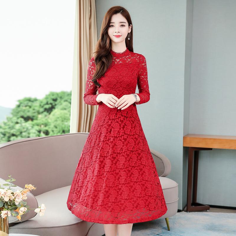 Изображение товара: Женское кружевное платье средней длины, однотонное Красное Облегающее Платье с длинным рукавом, модель 4XL на осень и зиму, 2022
