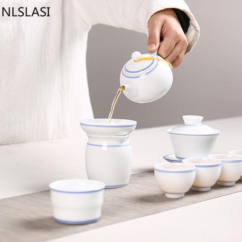 Изображение товара: Ручная роспись, двухлинейный сине-белый чайник, керамический большой чайник, чайный набор, чашка, чайная чашка, чайник, Прямая поставка