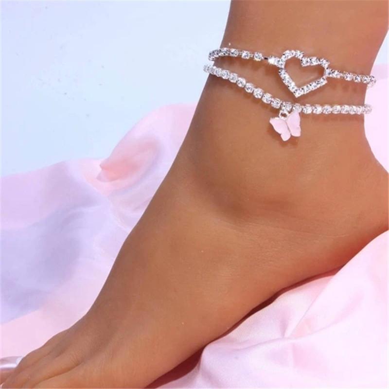 Изображение товара: 1 комплект, браслеты с бабочками для женщин, циркониевые хрустальные браслеты на лодыжке, Пляжная цепочка для ног, браслеты для ног, ювелирные изделия в стиле бохо, подарки