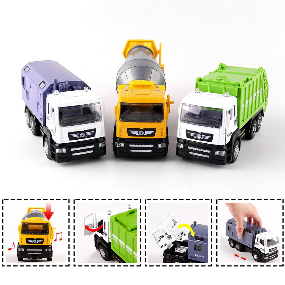 Изображение товара: Комплект транспортных средств с подсветкой и звуками KIDAMI, 3 шт./упаковка, игрушки для детей-Мусоровоз, полицейский автомобиль, смеситель цемента