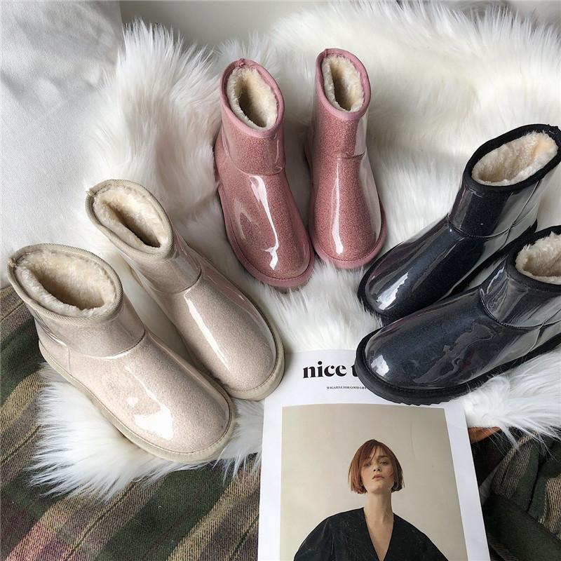 Изображение товара: Дизайнерские Модные Роскошные ботильоны карамельных цветов, женские водонепроницаемые ботинки для дождя и снега, зимние плюшевые теплые Прозрачные ботинки на плоской платформе