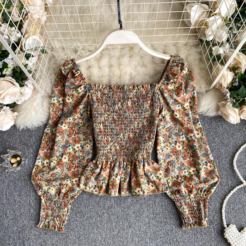 Изображение товара: Блузка женская с квадратным вырезом, эластичная облегающая блузка в стиле ретро, с короткими рукавами-фонариками, праздничный стиль, цветочный принт, GK519, на осень