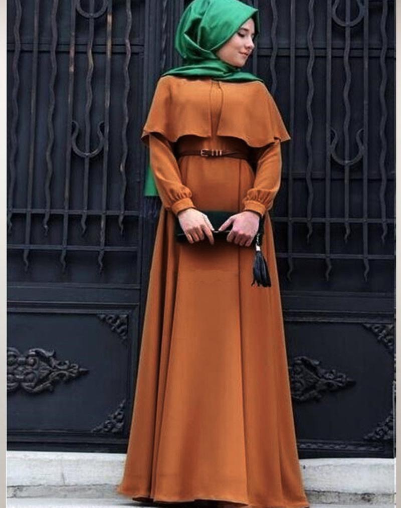 Изображение товара: Платье-трапеция женское длинное мусульманское абайя, платье-кимоно с оборками и большим свободным поясом, марокканский кафтан, мусульманская одежда