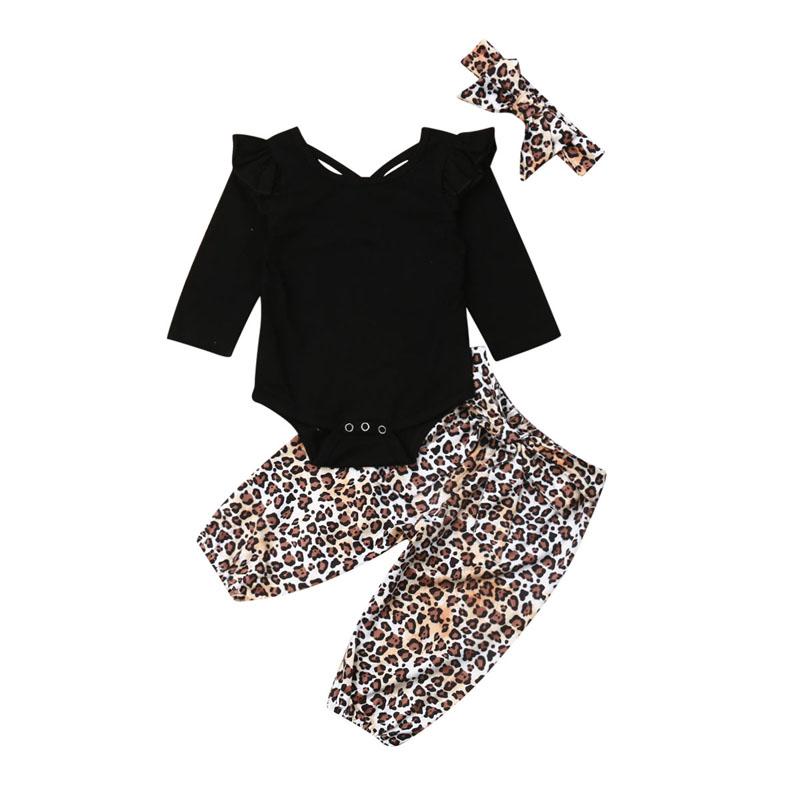 Изображение товара: Lioraitiin 3 шт. осенняя одежда для маленьких девочек наряд с длинным рукавом однотонный черный хлопковый комбинезон леопардовые брюки повязка на голову комплект одежды