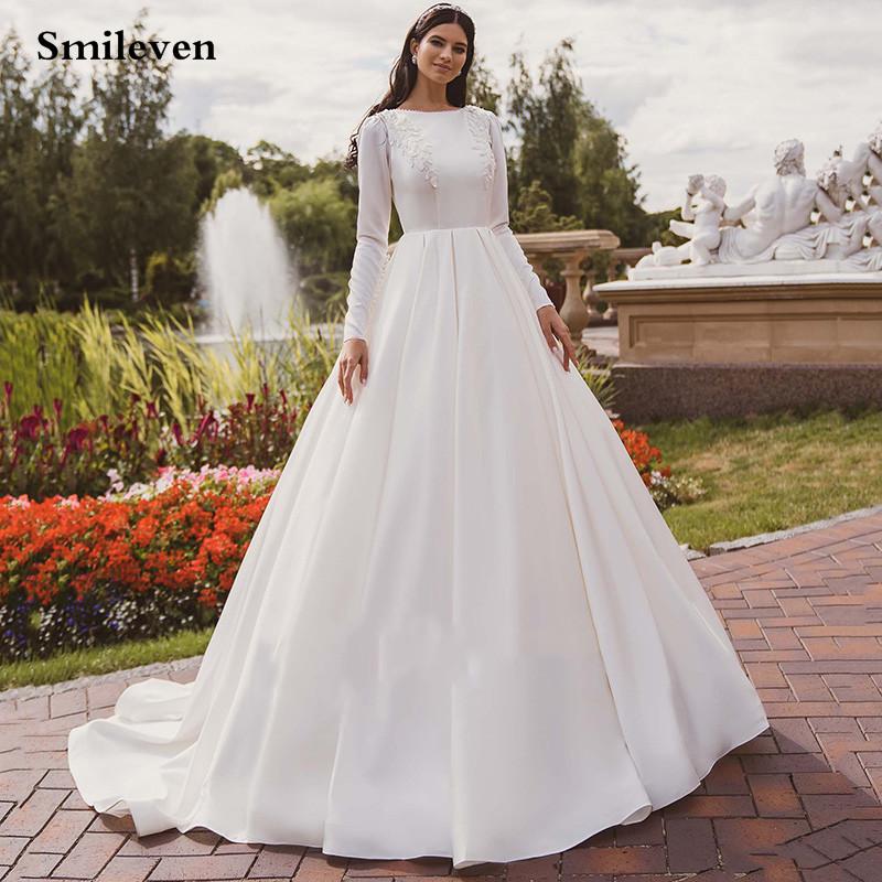 Изображение товара: Smileven Свадебные платья Дубай с длинным рукавом ТРАПЕЦИЕВИДНОЕ кружевное платье для невесты мусульманское свадебное платье с закрытой спиной Vestido de novia 2021