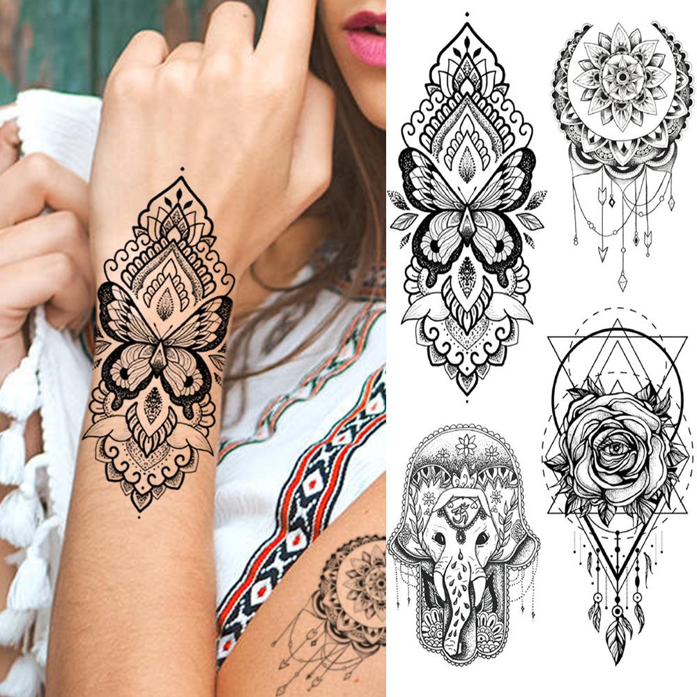 Изображение товара: Henna Mandala Temporary Tattoo Sticker For Women Lady Female Sexy Fake jewelry Chain Realistic tattoos Dreamcatcher Tribe Tattos