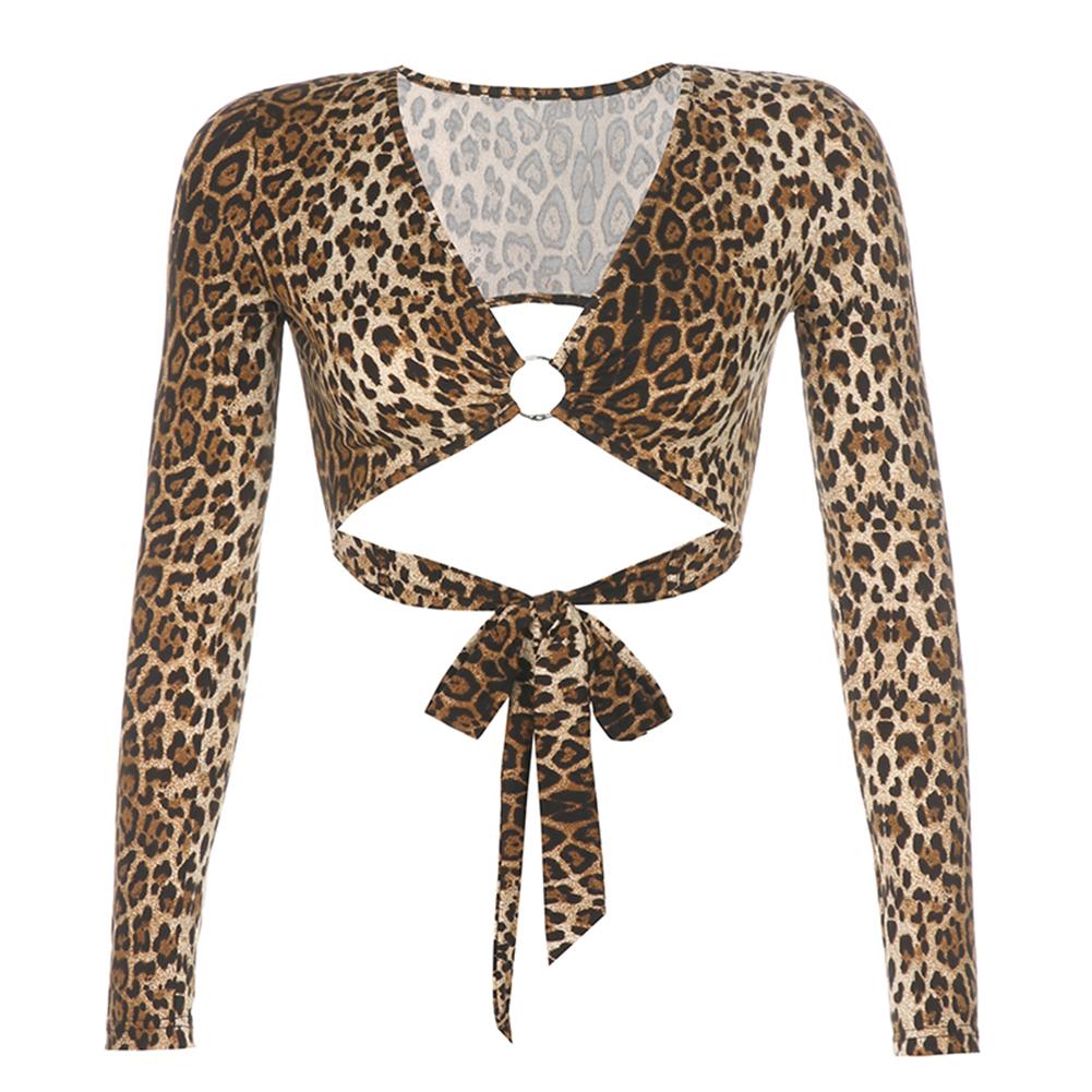 Изображение товара: Осенняя Женская тонкая футболка с v-образным вырезом и длинным рукавом с леопардовым принтом, сексуальная уличная Женская майка с открытой спиной, укороченная Клубная футболка со шнуровкой