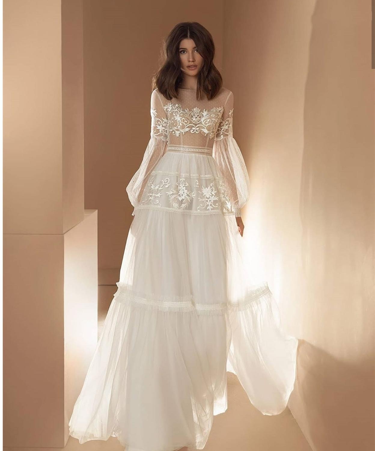 Изображение товара: Свадебное платье в пол, шифоновое, с длинным рукавом, в стиле бохо, с кружевными аппликациями