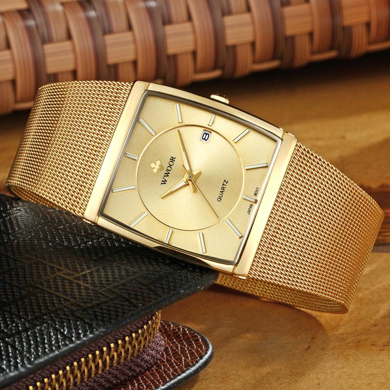 Изображение товара: WWOOR мужские золотые ультра тонкие часы Топ бренд класса люкс Бизнес Кварцевые наручные часы мужские водонепроницаемые часы с сетчатым ремешком Мужские Xfcs