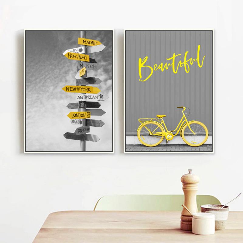 Изображение товара: Постеры с изображением велосипеда, желтые картины, дорожный знак, Картина на холсте, скандинавский плакат, современные настенные картины, украшения для дома