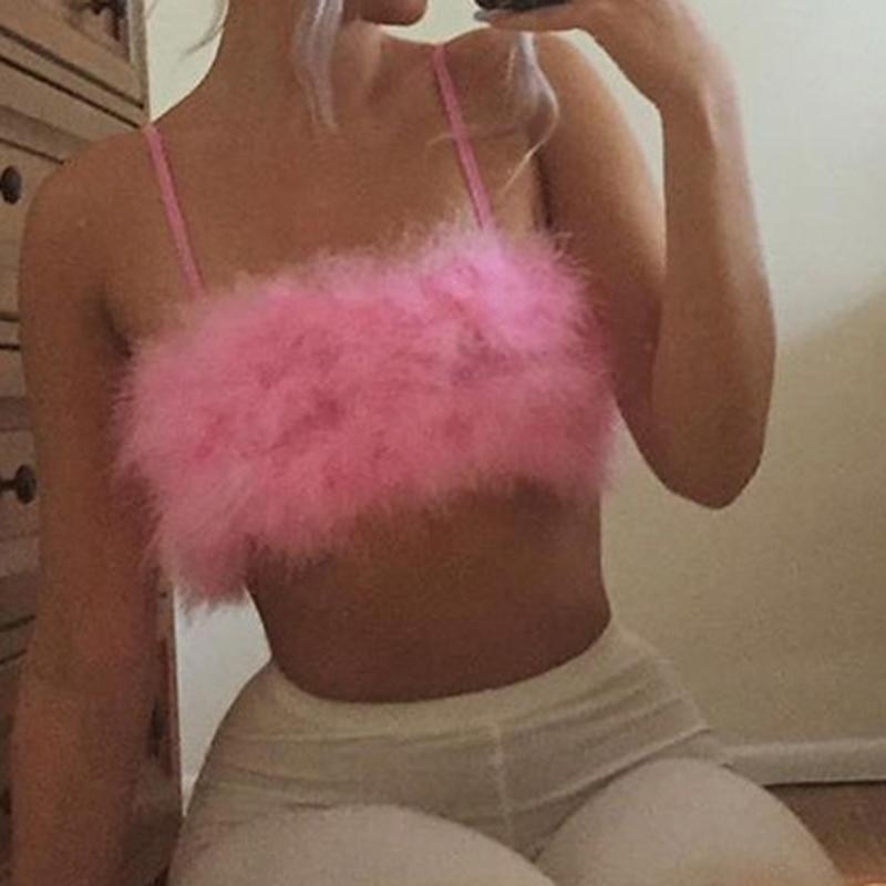 Изображение товара: Модный сексуальный топ на тонких бретельках с розовым пером 2020 женский топ без рукавов топы Вечеринка клуб уличная одежда