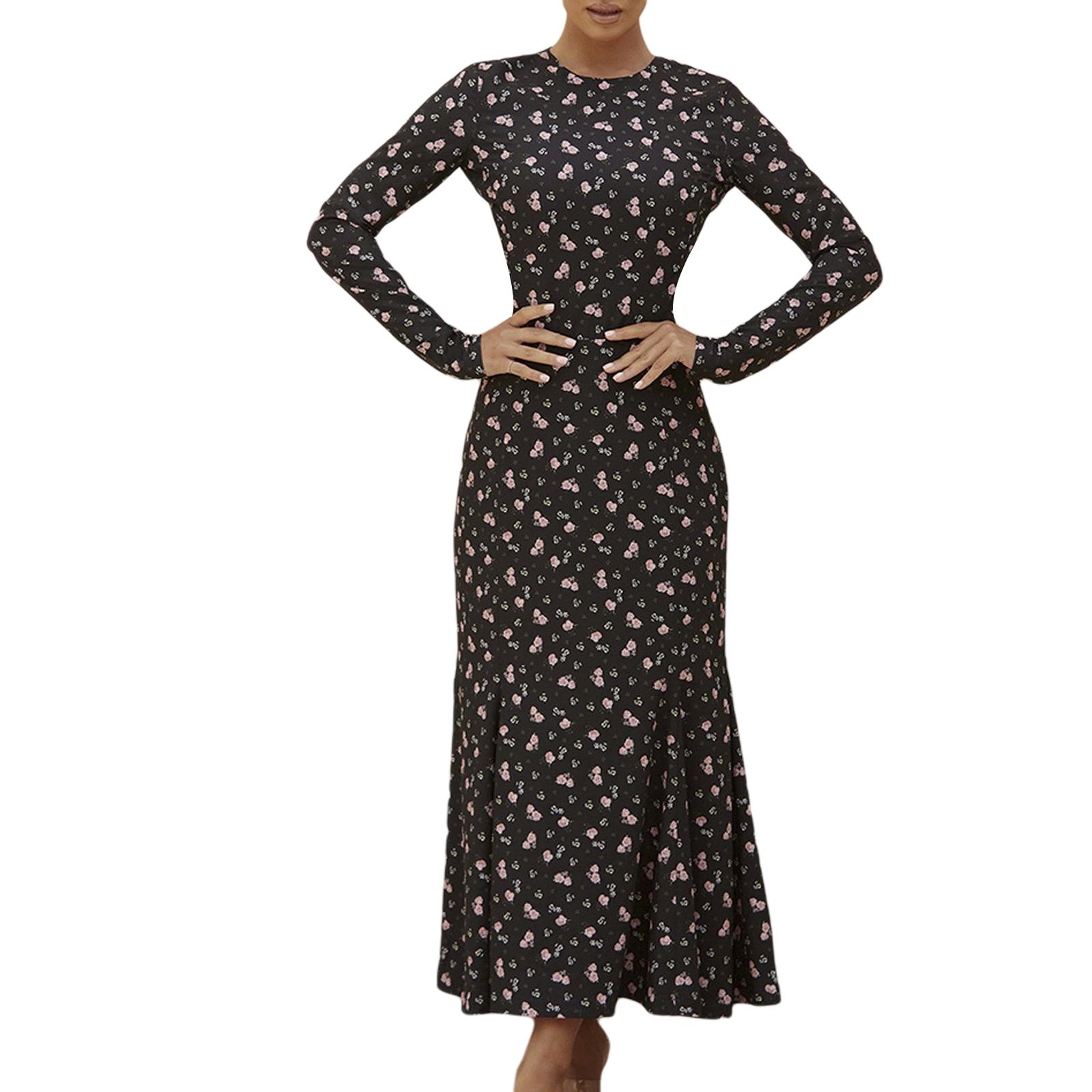 Изображение товара: Женское сексуальное платье с цветочным принтом и открытой спиной, модное платье с длинным рукавом для женщин, женские вечерние платья с лямкой на шее, Клубная одежда 2020