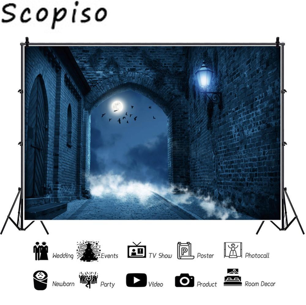 Изображение товара: Виниловый фон для фотосъемки на Хэллоуин, замок, кирпичная стена, летучая мышь, луна, ночь