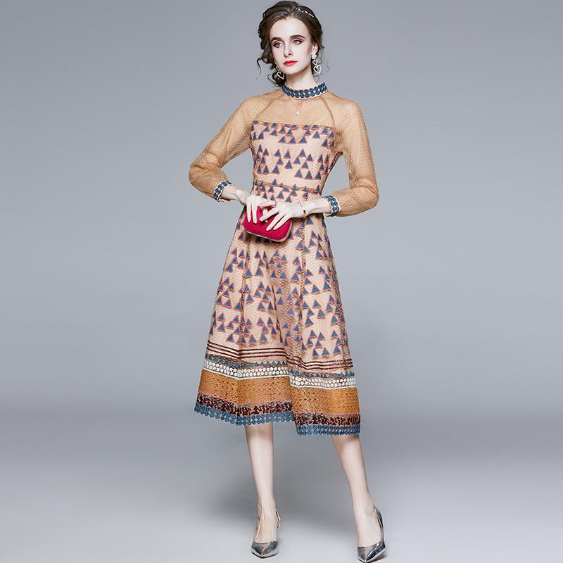 Изображение товара: JSXDHK Роскошное дизайнерское платье высокого качества, осенние женские сетчатые платья с геометрической вышивкой и длинным рукавом, винтажные Вечерние Платья Миди