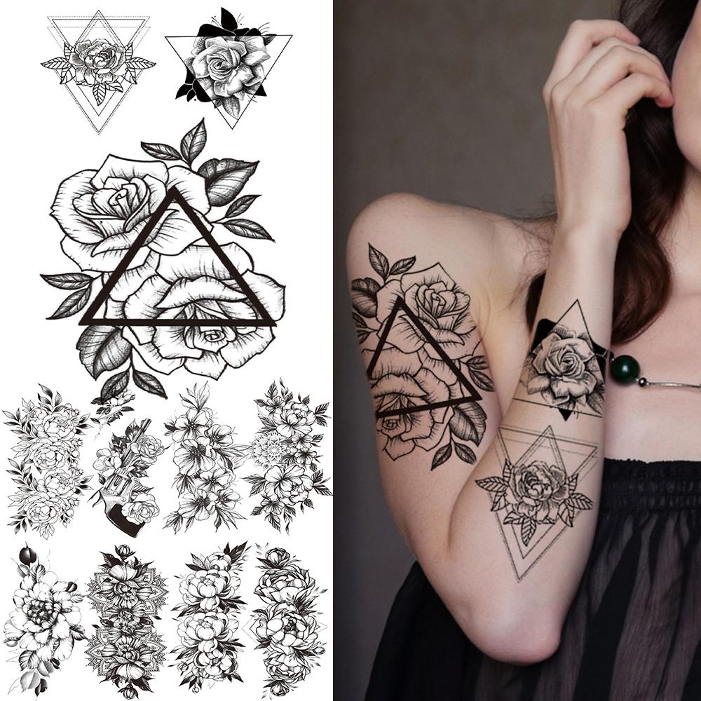 Изображение товара: Треугольник, Реалистичная большая роза, искусственная татуировка, наклейка для женщин и девушек, Далия, пион, Временные татуировки, сделай сам, черная татуировка для праздника