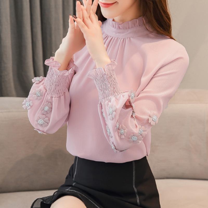 Изображение товара: Женская шифоновая блузка, розовый топ свободного покроя с длинным рукавом, 2021, 6939