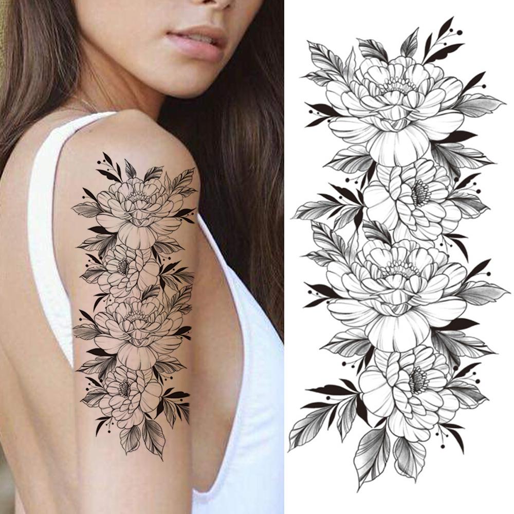 Изображение товара: Реалистичные пионы цветок поддельные временные татуировки для женщин девочек Взрослых Черная Наклейка тату лист змея одноразовые тату боди-арт