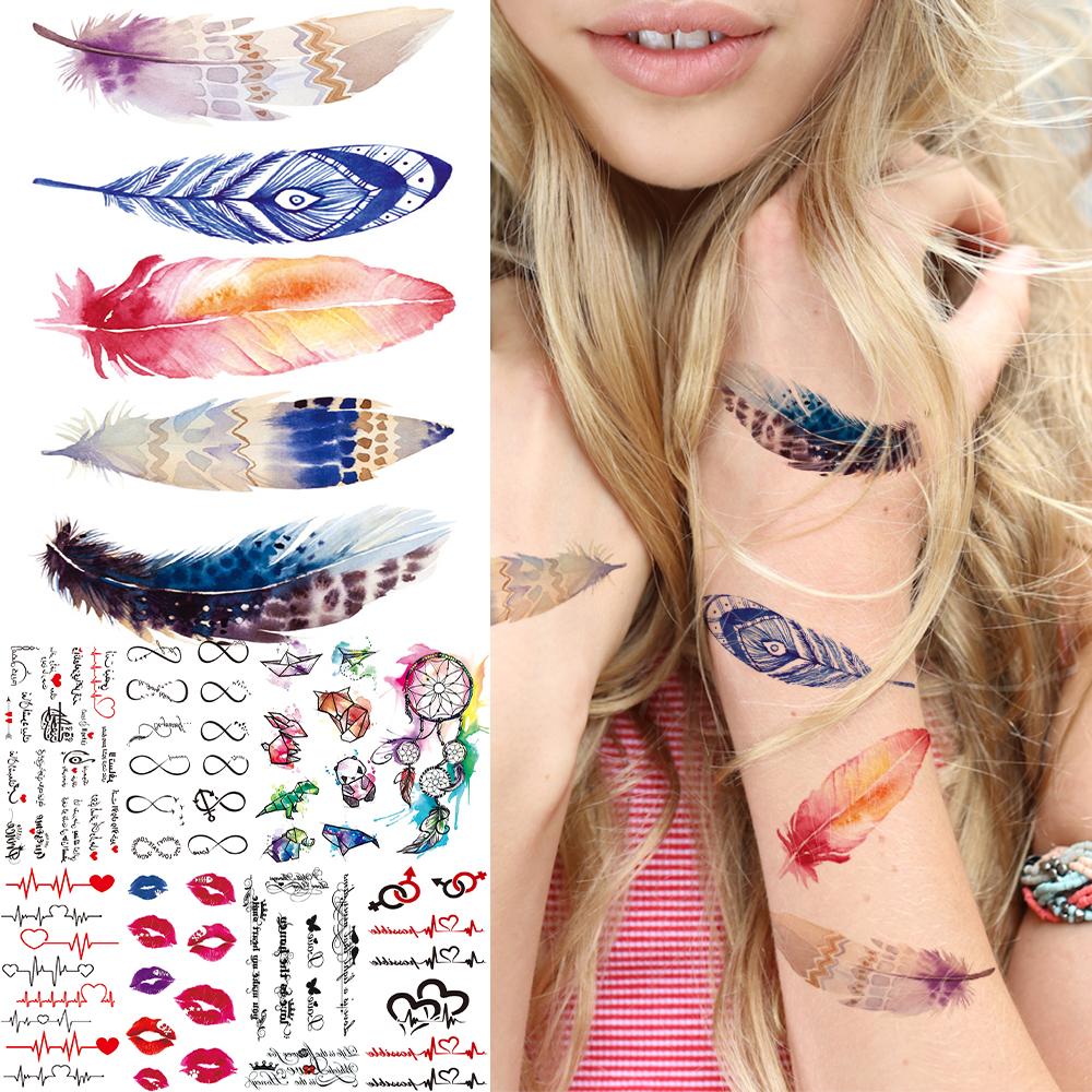 Изображение товара: Multicolor Feathers Leaf Temporary Tattoos For Women kids Fake Fox Dolphin ECG Infinity Tattoo Stickers Forearm Tatoos