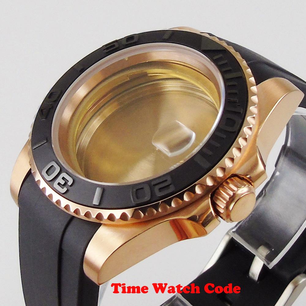 Изображение товара: 40mm men's Wristwatch Case parts with rubber strap fit for ETA 2836 Miyota 8215 golden sapphire glass date window ceramic bezel