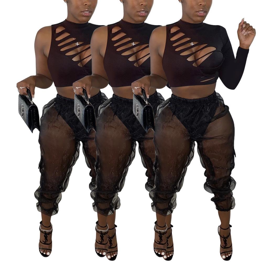 Изображение товара: Прозрачная сетчатая Лоскутная черная сексуальная одежда для мужчин, подходящие комплекты, укороченный топ на одно плечо с длинным рукавом, брюки, клубная одежда