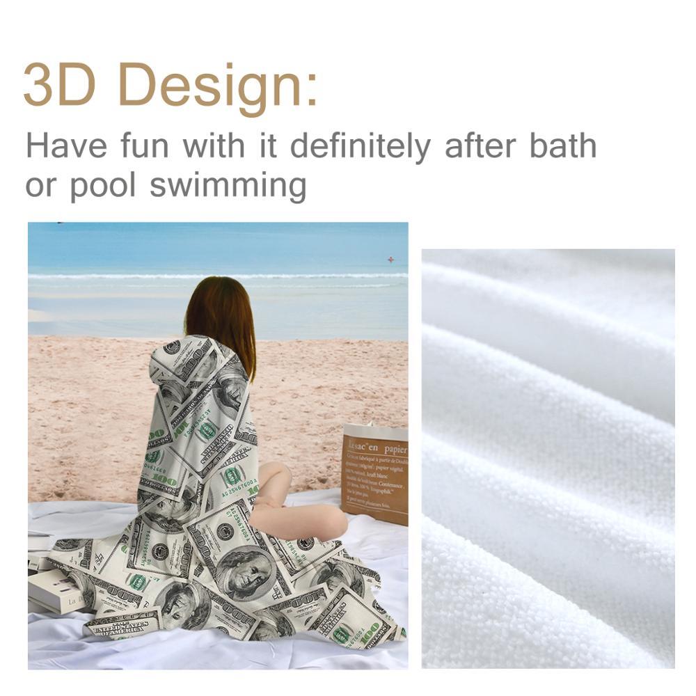 Изображение товара: Blesslife 3D современное полотенце с капюшоном с принтом доллара, микрофибра, банное полотенце, яркое пляжное полотенце с капюшоном, с рисунком денег