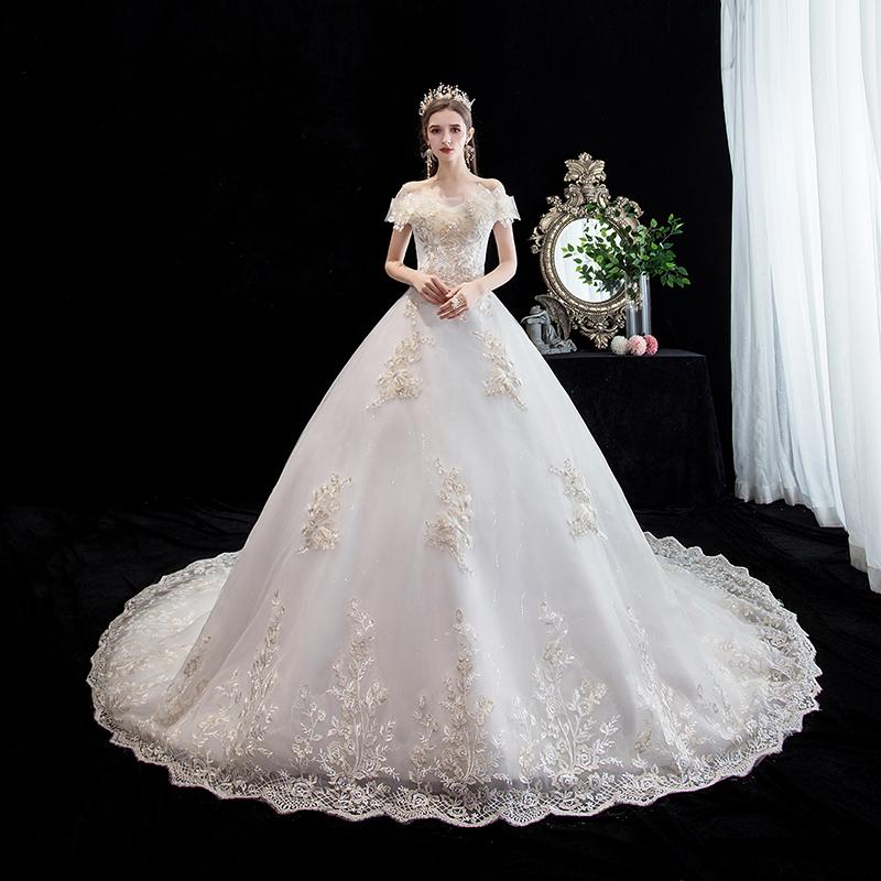 Изображение товара: Свадебное платье с вырезом лодочкой, роскошное бальное платье принцессы со шлейфом, классическое кружевное свадебное платье с вышивкой, Индивидуальный размер