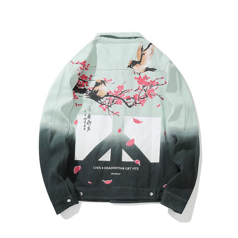 Изображение товара: Джинсовая куртка HZ088 мужская с длинным рукавом, уличная одежда из денима, модная повседневная хлопковая куртка в стиле хип-хоп, с цветочным принтом, в китайском стиле, 2019