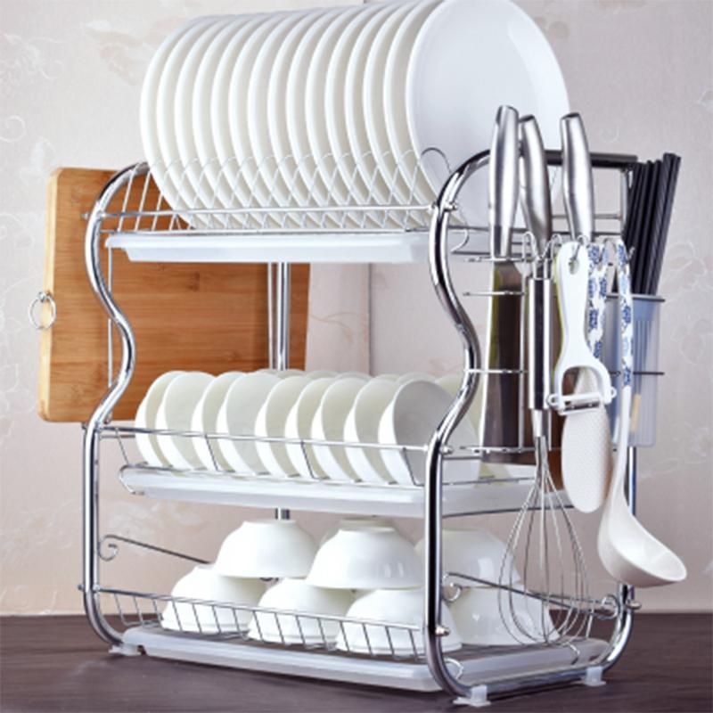 Изображение товара: Новый бытовой стеллаж для посуды, трехуровневый стеллаж для хранения, кухонная полка, подставка для тарелок, столовых приборов с подносом, стеллаж для чашек