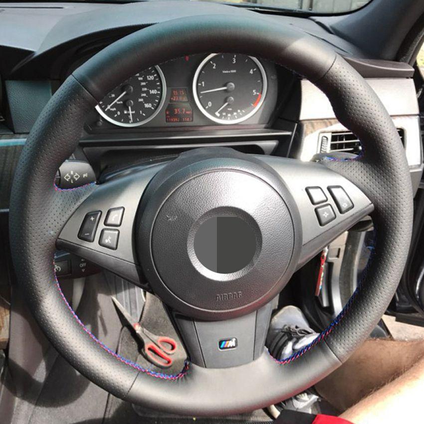 Изображение товара: Черная искусственная кожа для самостоятельной сборки, сшитая вручную чехол рулевого колеса автомобиля, для BMW E60, E63, E64, M5, 2005, 2007, 2008, M6, 2007