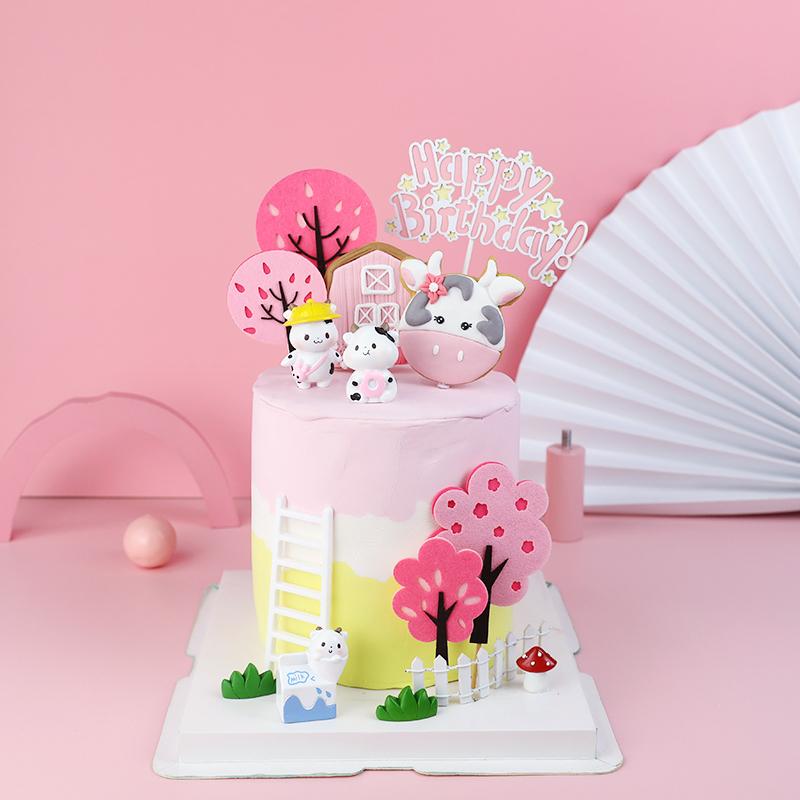 Изображение товара: Декоративные украшения для выпечки торта, розовая корова, ферма, мягкая глина, вставка, войлочный порошок, дерево, карточка, десерт на день рождения