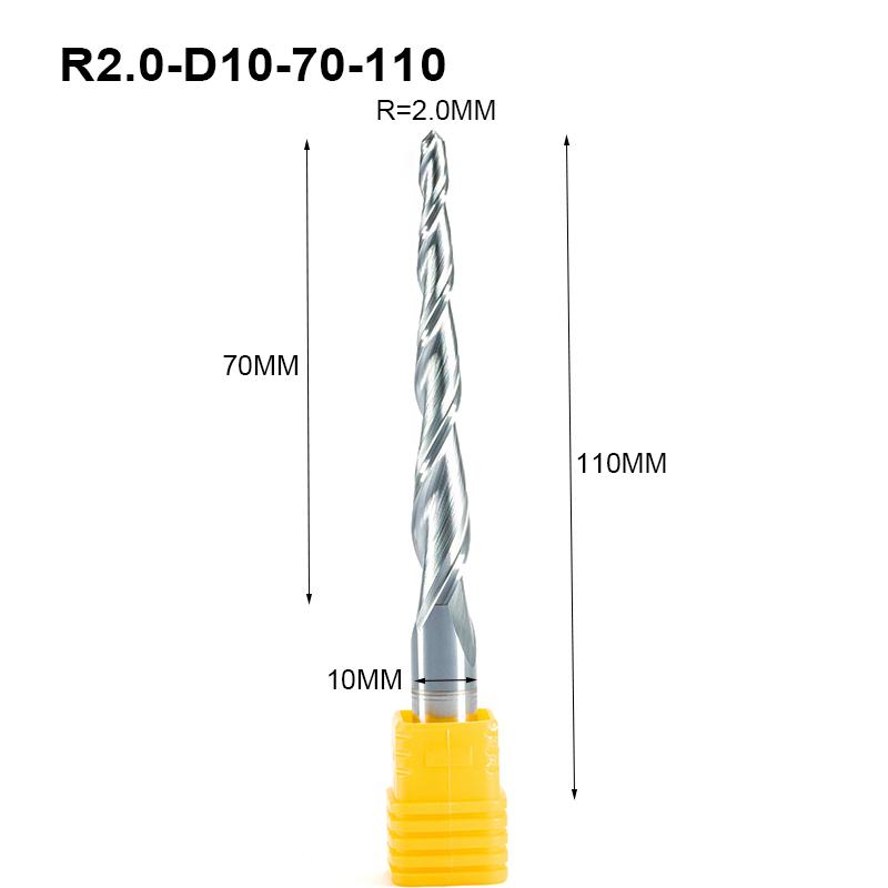 Изображение товара: Концевая фреза HRC55 с коническим шариковым концом, вольфрамовый твердый карбид с покрытием, конический конус, фреза с ЧПУ, гравировальное долото D10 мм x R2.0 x 110, 2 шт.