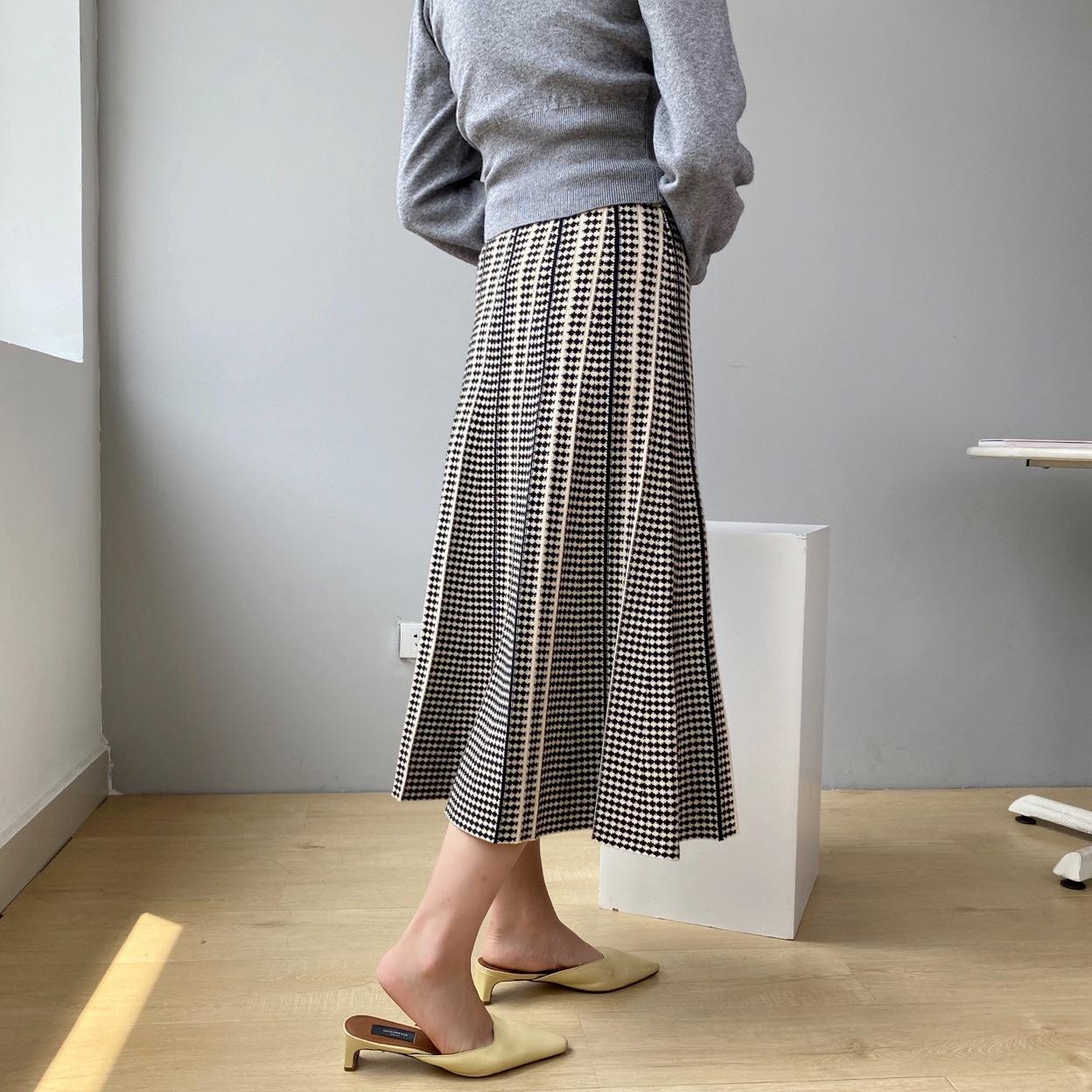Изображение товара: Осенне-зимняя вязаная длинная юбка в клетку в Корейском стиле, растягивающаяся винтажная Женская юбка-макси, новинка зимы 2020, Falda Mujer Faldas