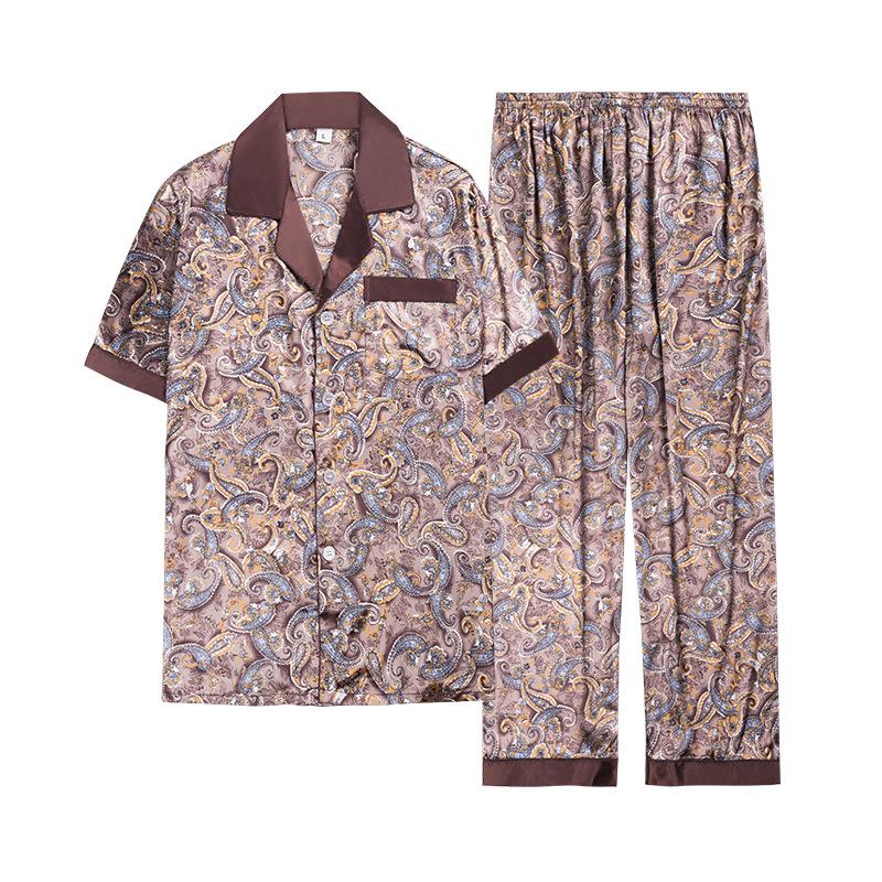 Изображение товара: Мужское шелковое атласное кимоно Pijiama, штаны с длинным рукавом и принтом, Пижамный халат, корейский пижамный комплект из двух предметов, кофейная одежда для сна, лето-осень