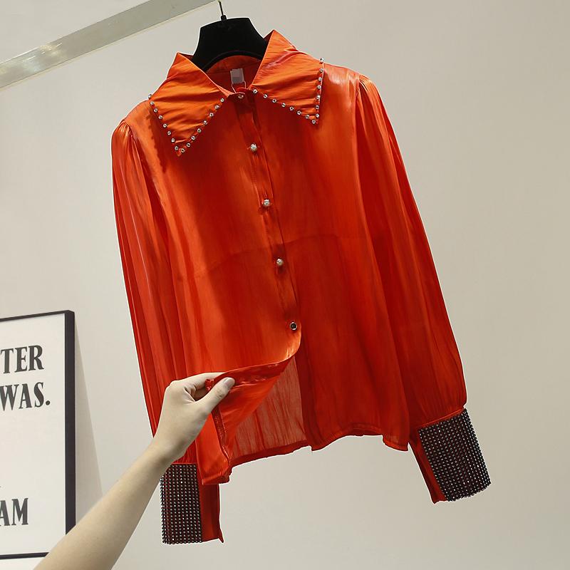 Изображение товара: Женская буровая блуза из органзы размера плюс, пышная рубашка с длинными рукавами 2020, Офисная Женская универсальная элегантная блуза