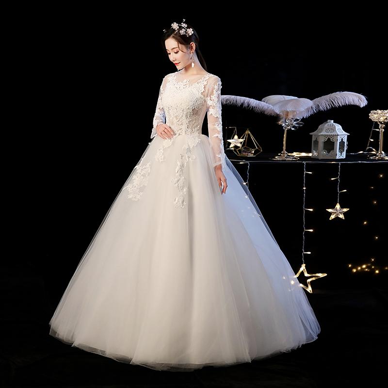Изображение товара: Свадебное платье с длинными рукавами, классическое бальное платье на шнуровке, кружевное свадебное платье принцессы, размеры es Vestido De Noiva Plus для невесты