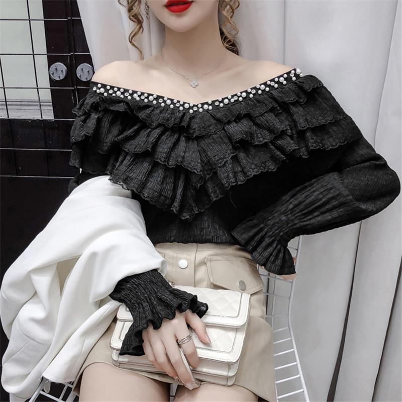 Изображение товара: Женская блузка с длинным рукавом, кружевная блузка с оборками и бантом, Короткие топы, весна-осень 2020, AB1961