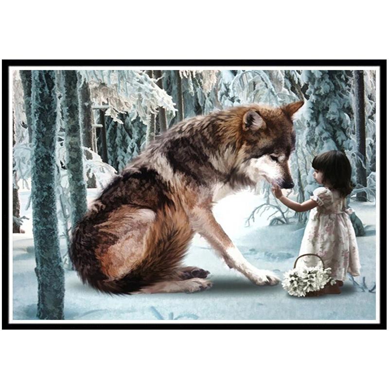Изображение товара: DIY 5D алмазная картина Снежная девочка волк животное пейзаж полный круг алмаз ручная работа Вышивка крестом украшение дома обои patt