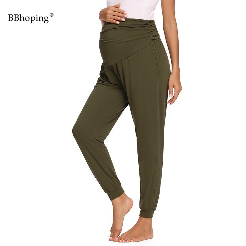 Изображение товара: Спортивные штаны для беременных с высокой талией и рюшами, с карманами, штаны для беременных, эластичные брюки для отдыха, удобные свободные спортивные штаны