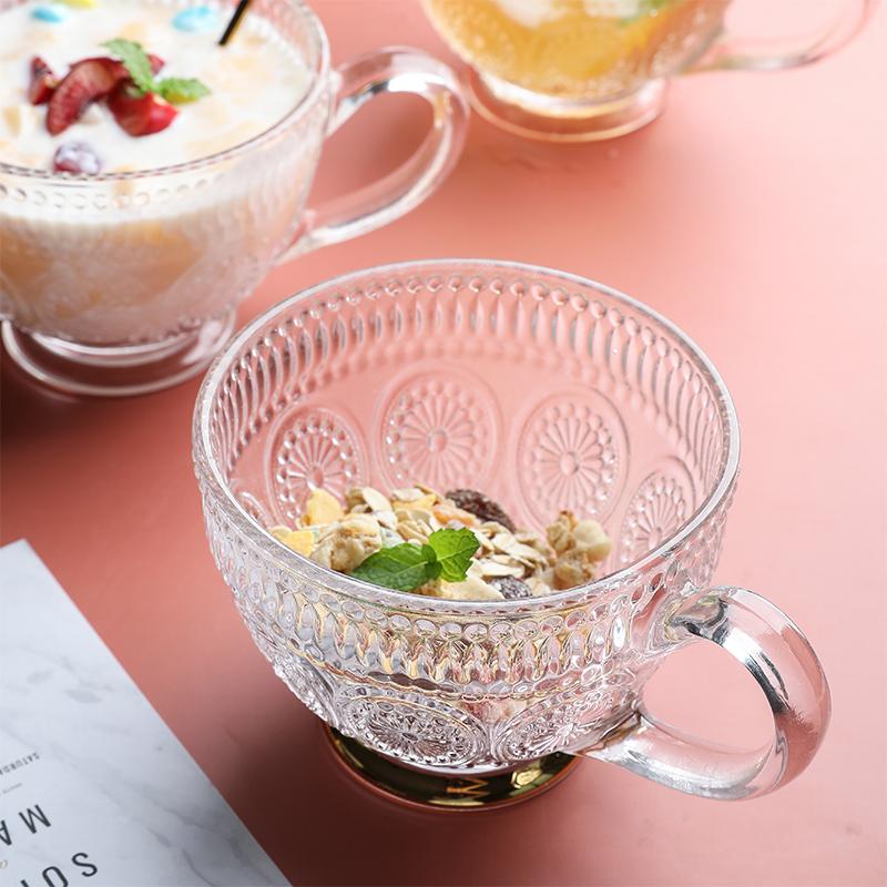 Изображение товара: Прозрачная Стеклянная Кружка для завтрака, кружка для овса, кофе, чая, молока, йогурта, креативная рельефная чашка для Пномпеня, Термостойкое Хрустальное стекло es