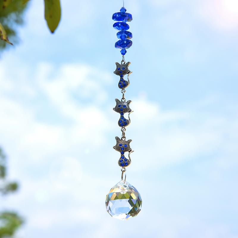 Изображение товара: H & D прозрачный хрустальный шар призмы Suncatcher кулон синий восьмиугольник бусины с металлическим котенком украшение висит для окна Декор подарок