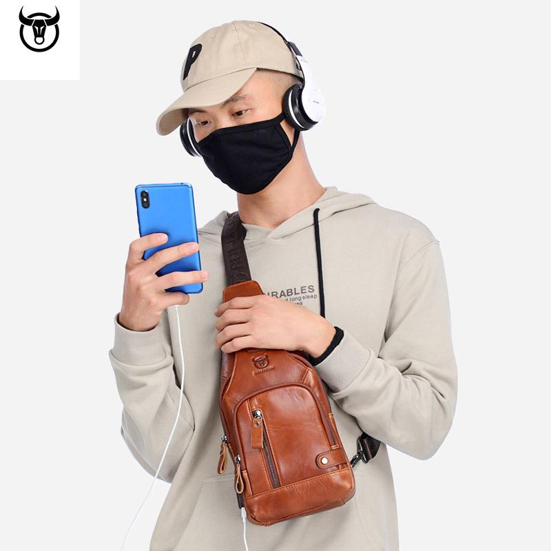 Изображение товара: Мужская нагрудная сумка BULLCAPTAIN из натуральной кожи, Сумочка через плечо с USB-зарядкой, мессенджер с передними карманами