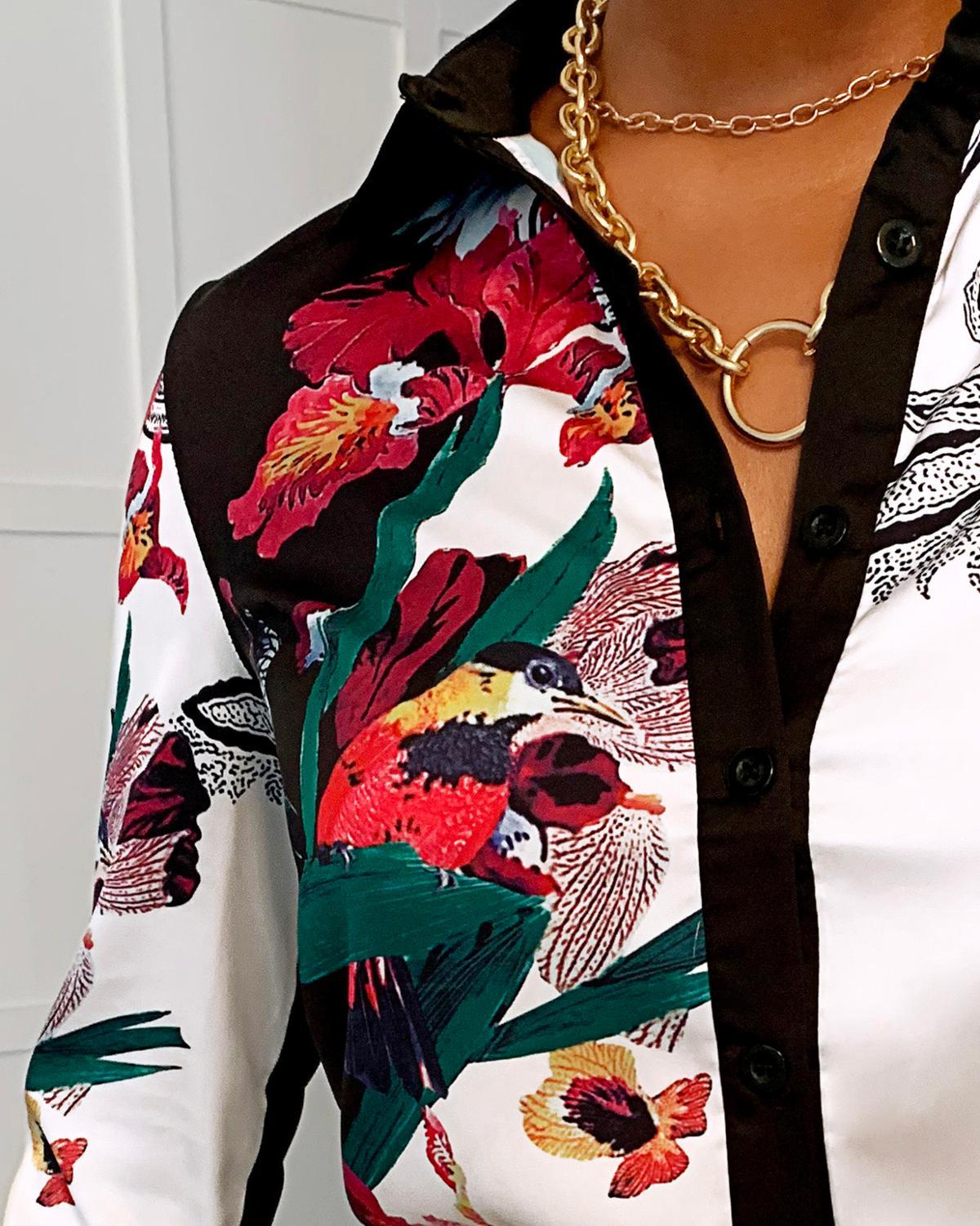Изображение товара: Женская рубашка с отложным воротником, Повседневная Блузка с длинным рукавом и принтом листьев, рубашка на пуговицах с цветочным принтом, осень-весна 2020