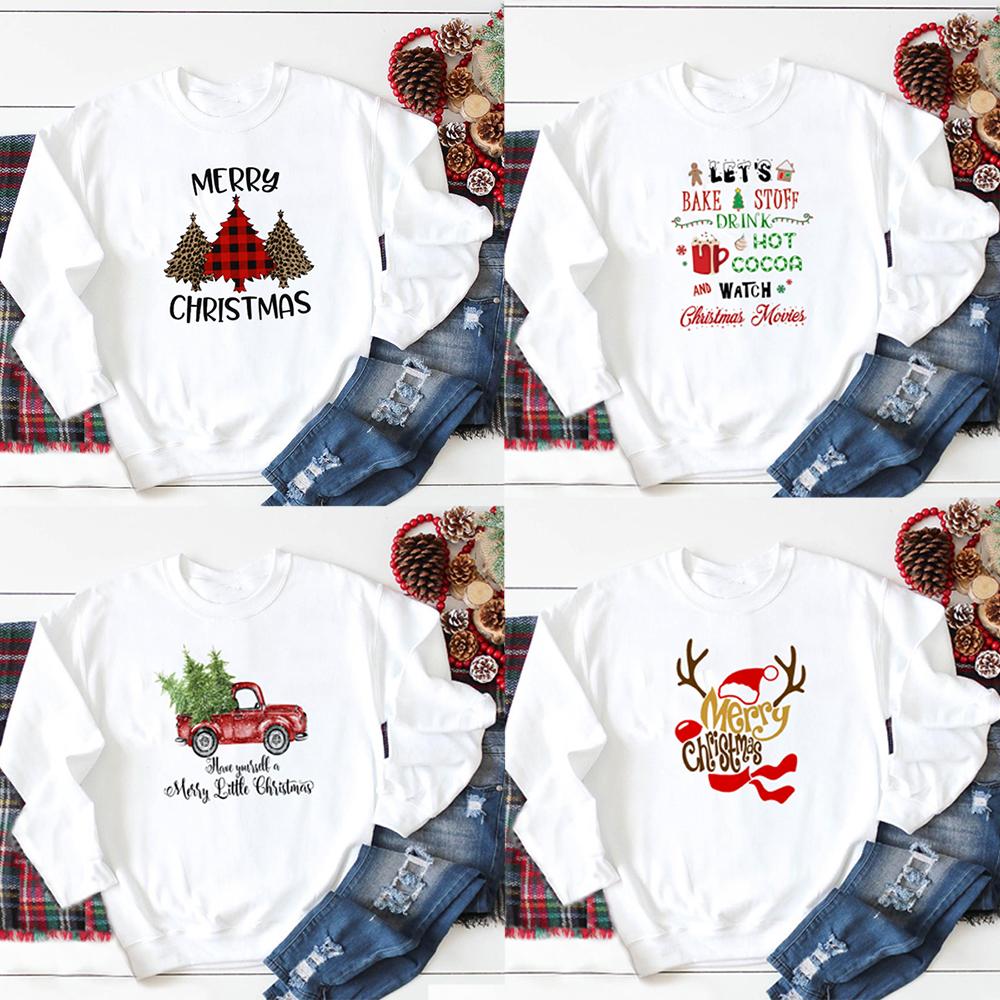 Изображение товара: Merry Christmas Plaid Tree Women Fashion White Harajuku Sweatshirt Long Sleeve Winter Graphic Tops Female Kawaii Ladies Xmas