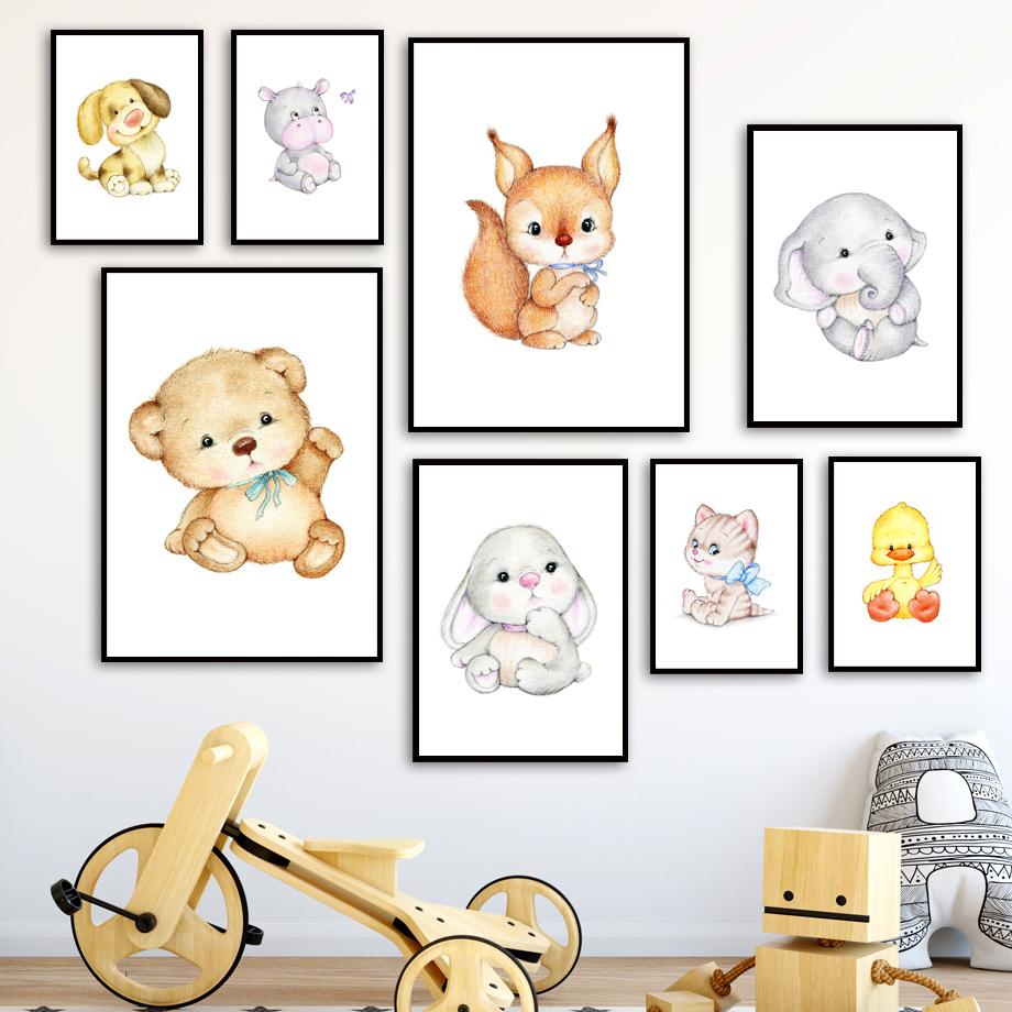 Изображение товара: Картина на холсте для детской комнаты, постеры и принты со слоном, Кроликом, медведем, хиппотамом, утенком, кошкой, собакой, скандинавские декоративные картины для детской комнаты