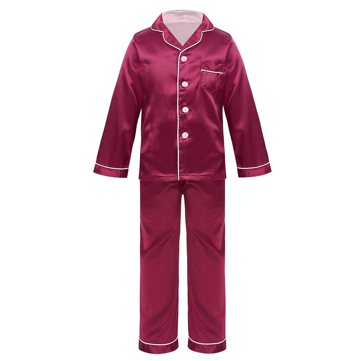 Изображение товара: Классические шелковые пижамы унисекс для мальчиков и девочек, комплект из двух предметов топы с длинными рукавами и пуговицами, комплект со штанами, одежда для сна удобная мягкая одежда для отдыха